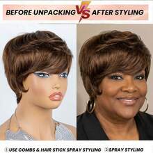 AMECIRE Brown Wig Pixie Cut Wig Human Hair Wig Straight-Hair Wig Women's Short-Hair Wig With Bangs Voluminous Style Elastic Mesh Cap Suitable For Wearing During The Holidays - S4 - View 4
