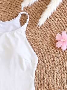 Women's Solid Color One-Piece Swimsuit And Skirt, Suitable For Beach Vacation, Pool Party, Beach Party - White - View 5