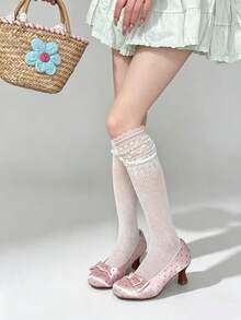 Lace Trim Mid-Calf Slouch Socks For Girls, Summer Thin Ice Silk Pearl Socks, Long Socks To Match Mary Jane Shoes - Multicolor - View 3