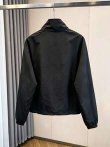 Commuter Casual Colorblock Trim Stand Collar Short Windbreaker Jacket, Autumn Minimalist Outfit, Dropped Shoulder Loose Fit Drawstring Hem American Style Short Jacket, Flight Jacket - Black - View 5