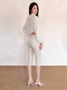 Top Dazzle Fashion Women's White Polka Dot High Neck Crop Top And Mid-Calf Leggings Two Pieces Matching Set - White - View 3