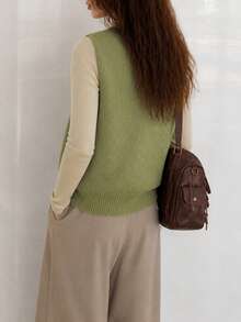 Women's Autumn Casual Minimalist Solid Color Versatile V-Neck Knit Cardigan Vest Fall - Olive Green - View 2