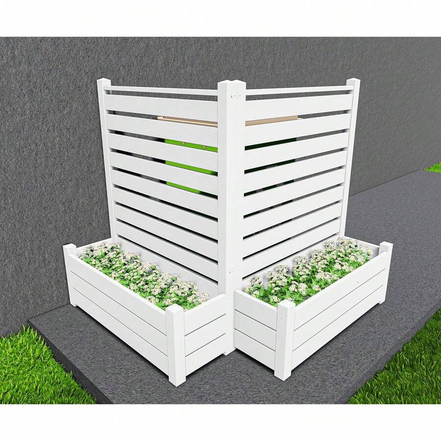 White Vinyl Privacy Fence Panel Screen With Planter Box Enclosure Decorative Fence Partition Conditioner Unit Trash Can Pool Equipment White Two Pack - Louvered - 2 Panels - With Plant Box - View 1
