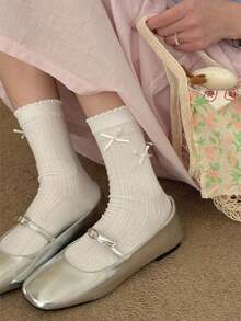 1/5 Pairs White Girls' Summer Mid-Calf Socks, Japanese Cute JK Style, Thin Lace Bow Ballet Design - White - View 3