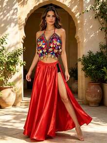 V Neck Colorful Sequin Gold Pendant Halter Dance Crop Top Satin High Waist High Slit Flowy Maxi Dance Skirt Exotic Stage Performance Dance Wear - Multicolor - View 14