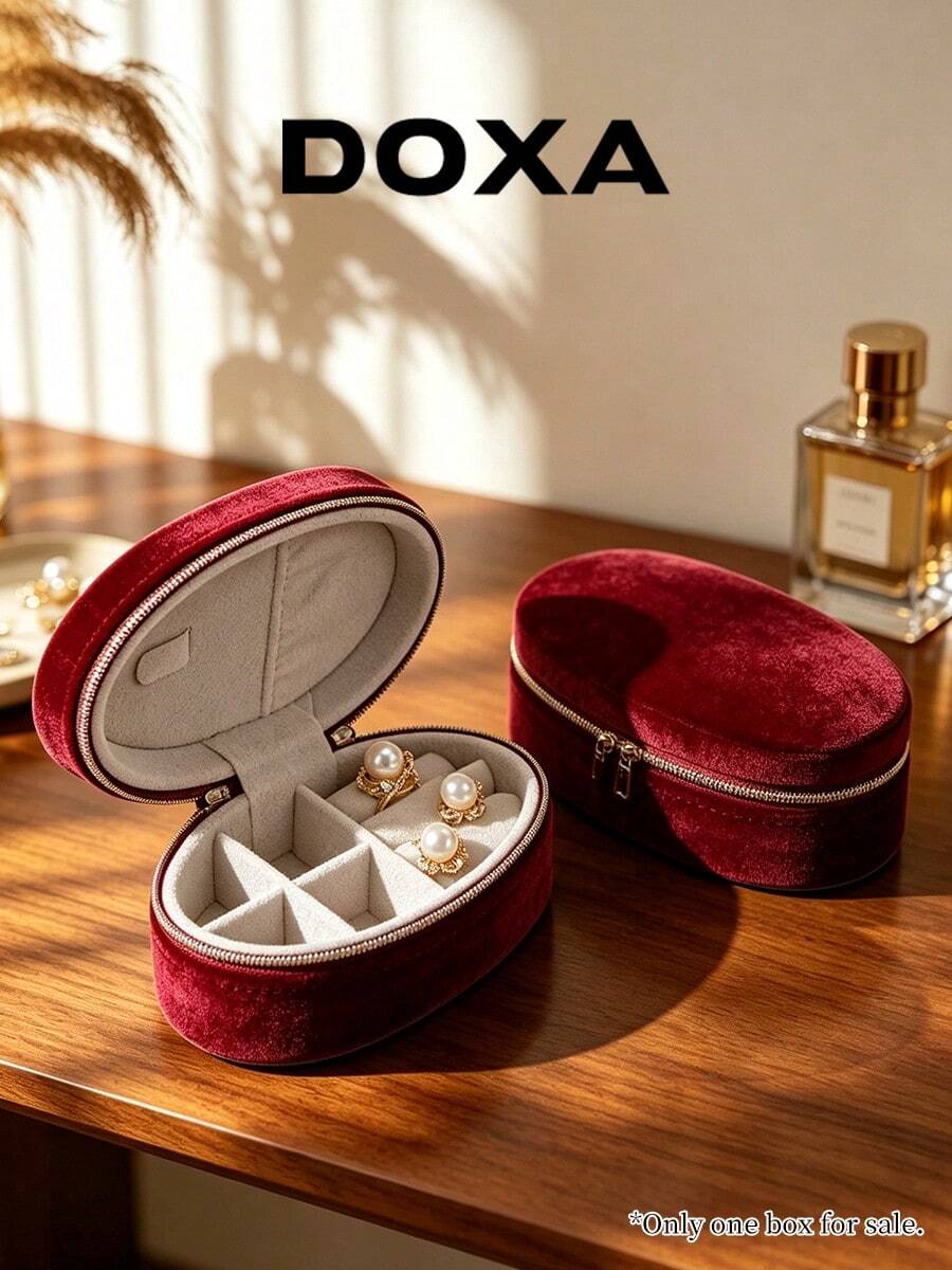 Kotak Penyimpanan Perhiasan Wanita DOXA Oval dengan Resleting, Organizer Anting dan Cincin Ringan, Cocok untuk Penggunaan Sehari-hari dan Hadiah Liburan - Merah - View 1