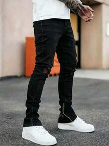 Men's Fashion Stretch Ripped Slim Fit Jeans - Black - View 1
