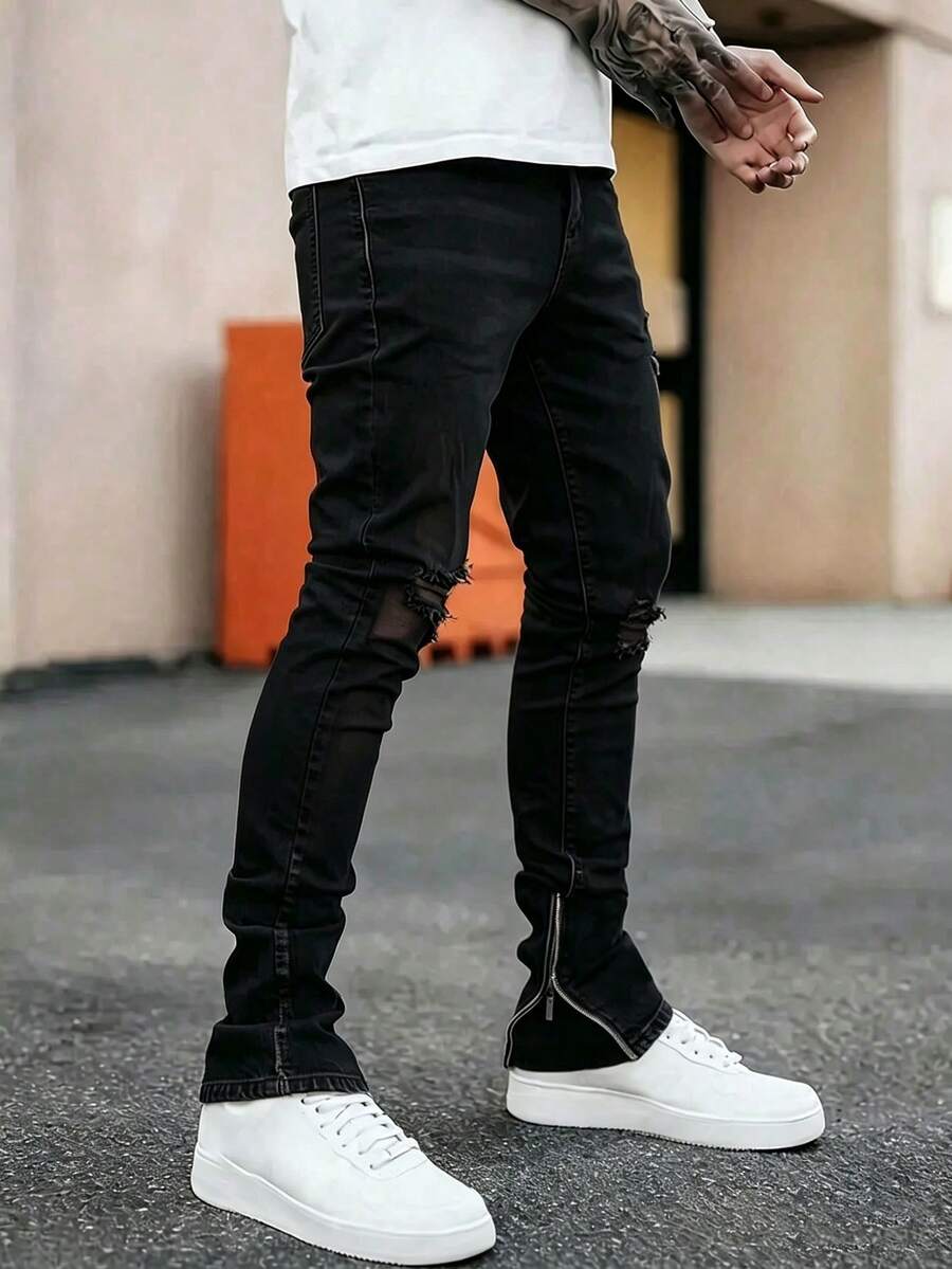 Men's Fashion Stretch Ripped Slim Fit Jeans - Black - View 1