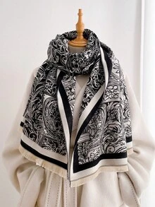 1pc Retro Classical Vase Scroll Motif Print 65*185cm Rectangle Scarf, Thick Faux Cashmere Brushed Polyester Winter Shawl For Travel Party Daily Outing - Multicolor - View 8