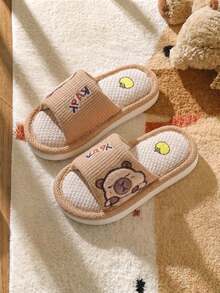 1 Pair Capybara Kids Linen Slippers, Girls Summer Cartoon Non-Slip Soft Sole Indoor House Slippers For Boys And Toddlers - Brown - View 1