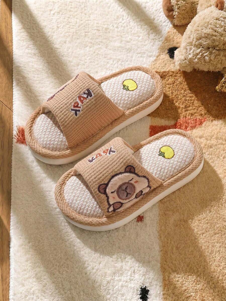 1 Pair Capybara Kids Linen Slippers, Girls Summer Cartoon Non-Slip Soft Sole Indoor House Slippers For Boys And Toddlers - Brown - View 1