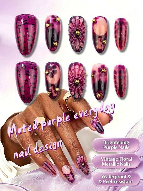 10Pcs Almond Press On Nails, Gothic Dark Purple Glossy False Nails With 3D Flower, Skull Print, Leopard Pattern And Gold‑Bead Decor, Detachable Stick‑On Nails For Party Daily Manicure