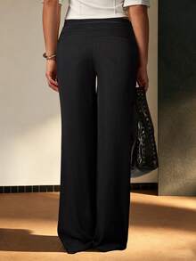Casual Versatile Black Lace-Up Straight Leg Pants - Black - View 5