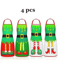 4Pcs Funny Elf Christmas Kitchen Aprons, Cartoon Elf Leg Print Adjustable Cooking Apron, Holiday Cosplay Party Aprons - Multicolor - View 11