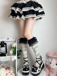 1 par de calcetines hasta la rodilla con volantes de encaje y notas musicales estilo Kawaii Lolita para mujer, para primavera/verano, Y2k - Multicolor - Ver 6