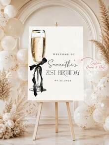 1pc Customizable Champagne-Style Birthday Welcome Sign, Customizable Name And Date, Elegant Black Bow Design, Suitable For 21st/30th/40th Birthday Party Decor, Home Decor, Party Decoration - Multicolor - View 1