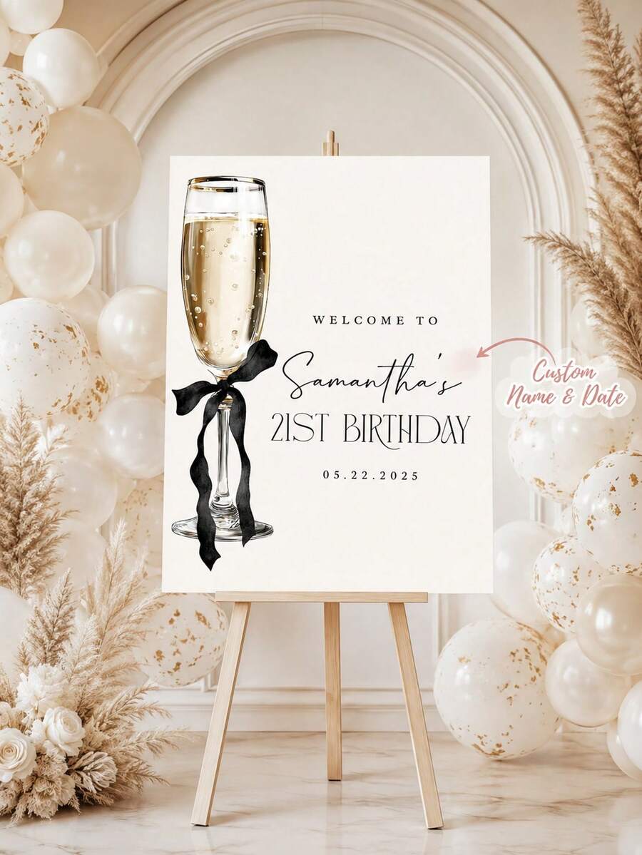1pc Customizable Champagne-Style Birthday Welcome Sign, Customizable Name And Date, Elegant Black Bow Design, Suitable For 21st/30th/40th Birthday Party Decor, Home Decor, Party Decoration - Multicolor - View 1