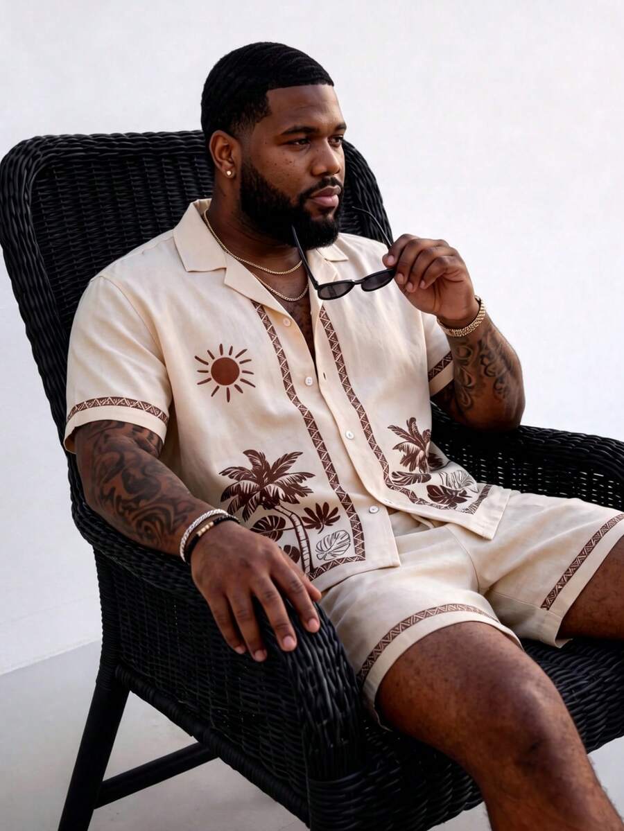 Plus Size Men's Casual Loose Suit, Short Sleeve Button-Down Shirt And Shorts 2-Piece Set, Fashionable Relaxed Beach Outfit - Apricot - View 1