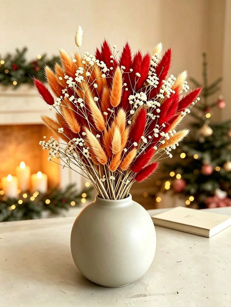 32pcs Artificial Rabbit Tail Grass, Baby's Breath Flowers - A Bold Autumnal Faux Decor Set. Perfect For Autumn Crafts, Halloween Party Decor, Thanksgiving Table Centerpieces, Farmhouse Vase Fillers, Everyday Home Decor And Seasonal Holiday Displays. - Orange-red - View 1