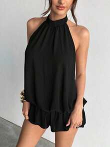 Mono Corto Elegante de Cuello Halter para Mujer, Color Negro Sólido Sin Mangas Estilo Casual Verano - Negro - Ver 5