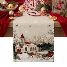 1pc Christmas Table Runner, Polyester, Vintage Rustic Style, Christmas Red House & Snowflake Design, Suitable For Winter Holiday Party Home Tabletop Decor,Home Decor,Christmas Decor,Party Supplies - Multicolor - View 3