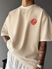 Men's Fashionable Versatile Orange Print Round Neck T-Shirt, Summer - Apricot - View 3