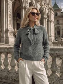 NiceArt Sweater Pullover Wanita Lengan Raglan Rajut Bergaris Kerah Pita Lengan Panjang Longgar Elegan Kasual Musim Gugur - Grey - View 8