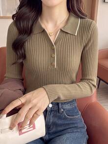 Women's Polo Collar Knit Sweater, Autumn/Winter White Contrast Ribbed Slim Fit Top, Daily Commute Date Versatile Korean Soft Style Base Layer Fall - Camel - View 6