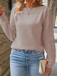 Women's Long Sleeve Fashion Casual Elegant Solid Color Hollow Out Pullover Round Neck Knit Sweater Top - Apricot - View 4