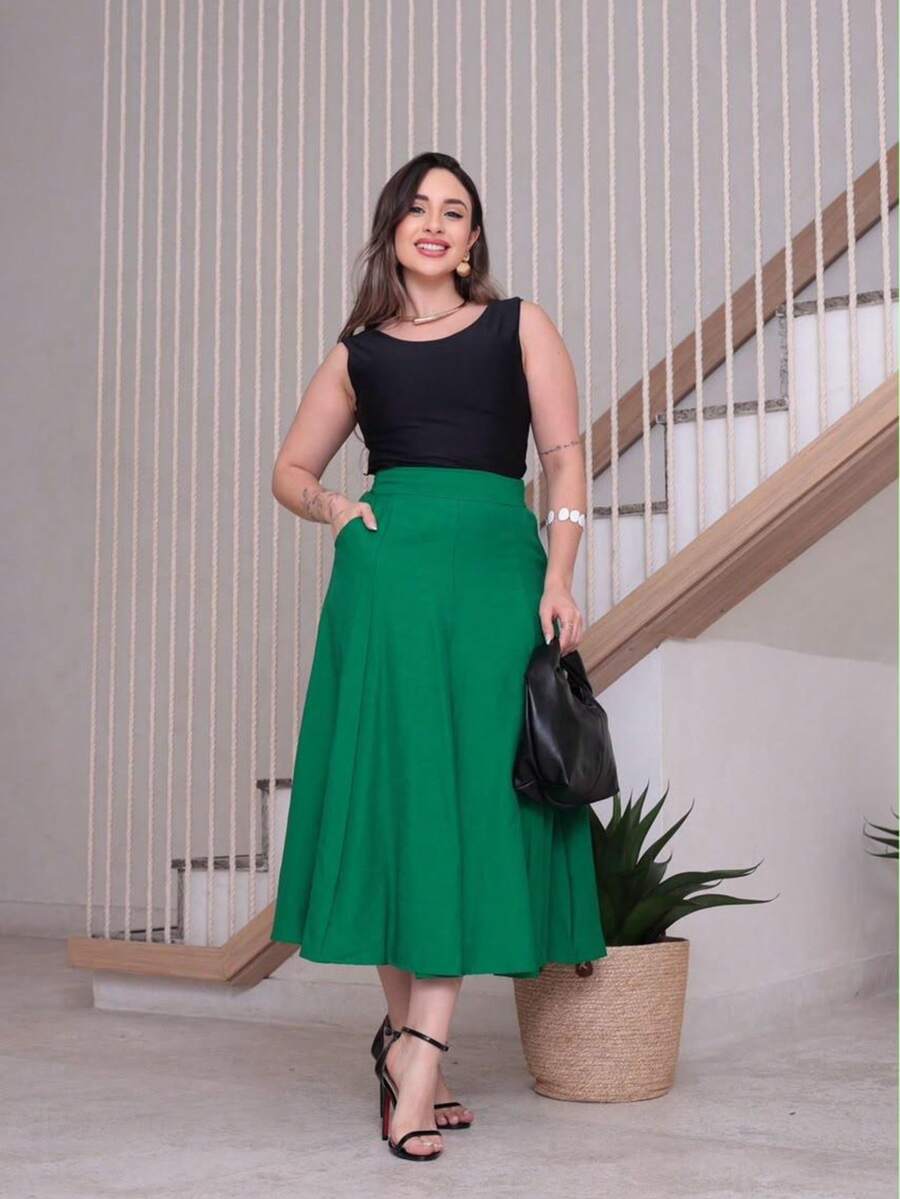 Women's Tailored Midi Skirt, Flared, Sensorial, With Pockets, Elegant - 綠旗 - 查看 1