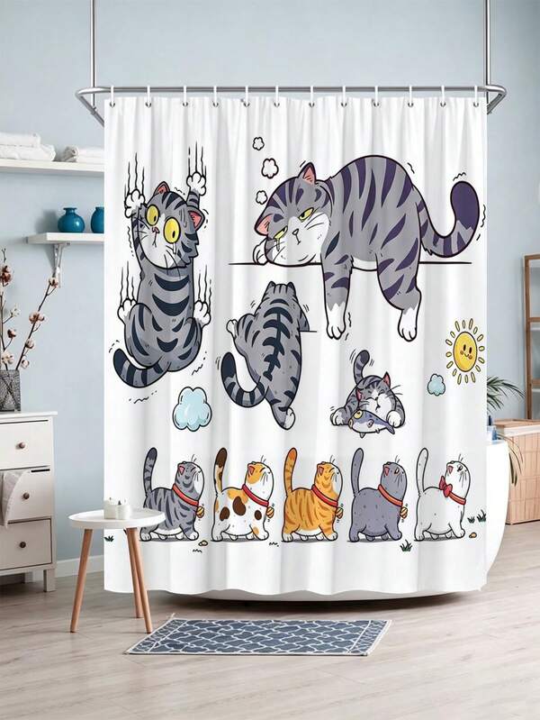 1pc Cute Cat Collection Waterproof Shower Curtain - Suitable For Bathroom Decor Bathroom Curtain - Easy To Clean Exquisite Home Decor, Bathroom Partition Curtain Decorative Shower Curtain, Bathroom Accessories Home Decor Gift - Includes 12 Hooks