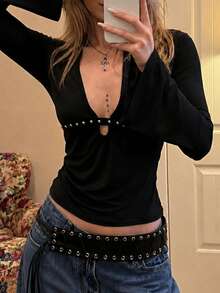 Y2K Gothic-Style Women's Black Fitted Flared-Sleeve Top, Deep V-Neck With Keyhole Cutout And Stud Accents On Flared Cuffs, Fitted Shirt - Black - View 6