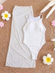 Women's Solid Color One-Piece Swimsuit And Skirt, Suitable For Beach Vacation, Pool Party, Beach Party - White - View 3
