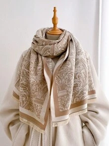 1pc Retro Classical Vase Scroll Motif Print 65*185cm Rectangle Scarf, Thick Faux Cashmere Brushed Polyester Winter Shawl For Travel Party Daily Outing - Multicolor - View 4