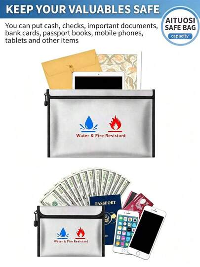 Sac de documents résistant aux flammes, comprenant un ensemble de sacs d'argent résistants au feu et aux flammes, fabriqué en revêtement de silicone non irritant, pour le stockage sécurisé d'argent liquide, de documents importants, de bijoux et de passeports, afin d'améliorer la protection contre les incendies pour les objets de valeur. Parfait pour le stockage à domicile de documents de propriété, le stockage à l'école de copies d'examen et de certificats, et le stockage au bureau de documents de contrat