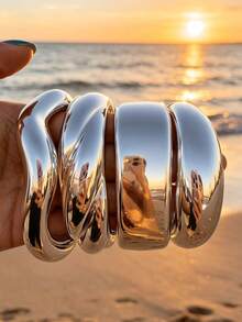 4/1pc Fashion Vintage Casual Style Silver CCB Twisted Open Bangle Bracelet Set, Suitable For Women's Daily, Party, Vacation, Wedding Wear And Gift - Silver - View 2
