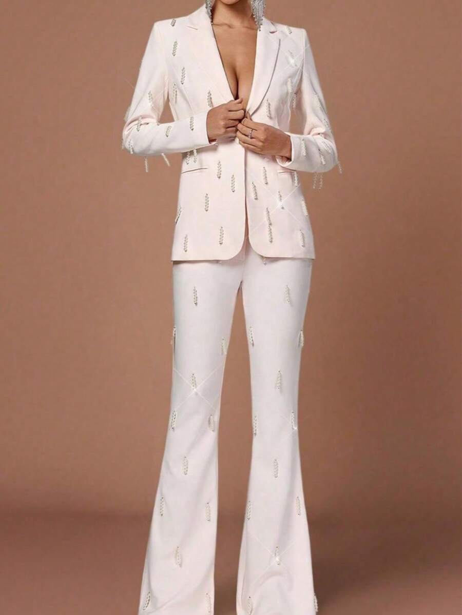 Solid Color Pearl Asymmetric/Asymmetrical Elegant Women's Suit Set - Baby Pink - View 1