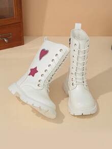1 Pair Girls' Casual Fashion Heart Decor Comfortable Warm Round Toe Side Zipper Design Mid-Calf Boots Suitable For Autumn/Winter - White - View 7