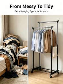 Single/Double Pole Height Adjustable Freestanding Metal Clothes Rack, Modern Minimalist Silver And Black Rectangular Frame Garment Rack With Universal Caster Wheels, Suitable For Bedroom, Balcony, Laundry Room And Clothing Display - Multicolor - View 7