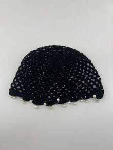 1pc Vintage Bohemian Crochet Hair Hat With Pearl Pendant, Hollow Mesh Beach Vacation Hat - B - View 9