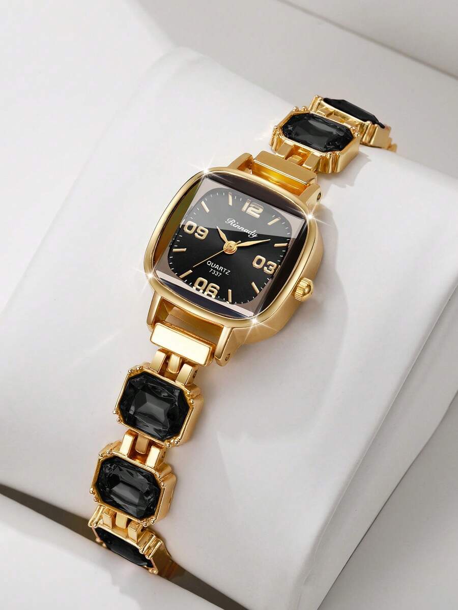 Reloj de pulsera digital cuadrado exquisito para mujer, reloj de cuarzo con incrustaciones de strass de corte de moda, regalo para novia (1 pieza/set) Caja de reloj no incluida - Negro - Ver 1
