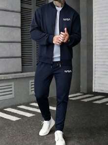 Men's Autumn/Winter Casual Jacket & Pants Outdoor Sports Minimalist Fashion Set - Navy Blue - View 2