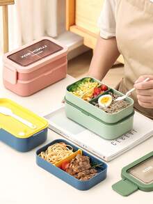 1pc Double-Layer Portable Lunch Box, Microwave ; Large Capacity Stackable Lunch Box, 1350ml; Includes Fork And Spoon Set; Pink Color - Multicolor - View 5