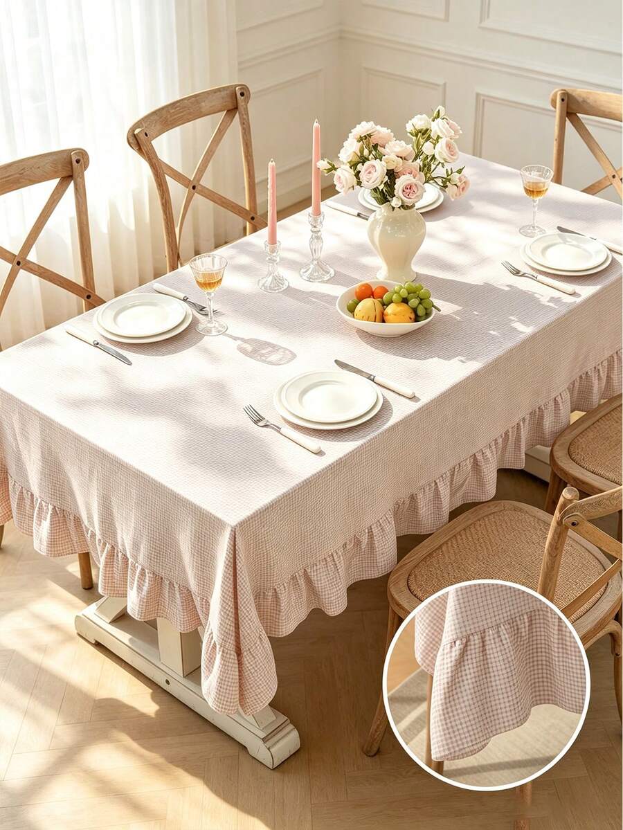 1pc Tablecloth With Ruffled Hem Decor, Polyester Fabric, Light Brown Plaid Pattern, Rectangular Or Square, Suitable For Dining Room And Living Room Table Decor