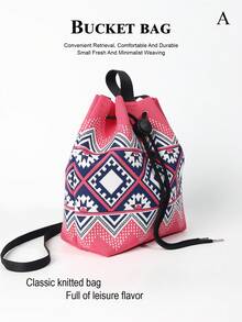 Striped Colorblock Jacquard Knit Drawstring Bucket Bag, Casual Minimalist Crossbody Bag With Multiple Pattern Options, Large Capacity To Store Phone, Umbrella, Cosmetics And Other Daily Essentials, Versatile For Daily Commute And Shopping - Multicolor - View 5