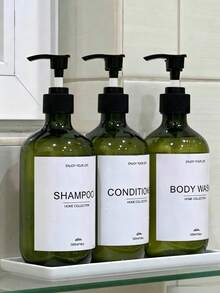 3pcs Reusable 500ml Dark Green Shampoo, Conditioner, Body Wash Dispenser Bottles With Pump, Bathroom Lotion Dispenser Containers With Waterproof Labels - Dark Green - View 5
