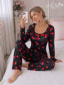 2pcs Set Pakaian Santai Wanita Kasual Motif Ceri dengan Hiasan Ruffle, Lengan Panjang, Leher Persegi, Musim Gugur - Hitam - View 3