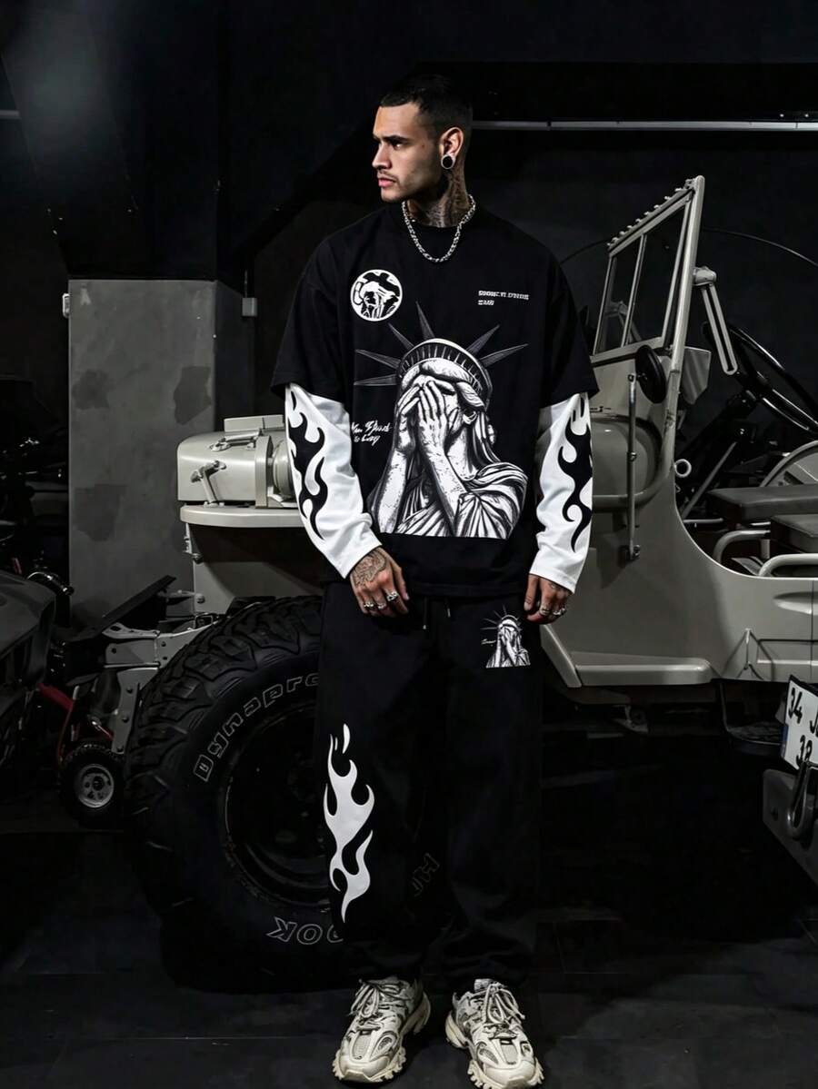 High Street American Statue Of Liberty Flame Graphic Print Men's Set | Terry Fabric Casual Relaxed Daily Wear 2 Pieces Outfit | Street Style Layering Essential, Suitable For Lightweight Everyday Wear