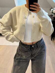 Minimalist Women's Ribbed Knit Cropped Wool Cardigan, Long Sleeve Round Neck Button Front Knit Sweater, Perfect Choice For Autumn Outfit Fall - Off White - View 2