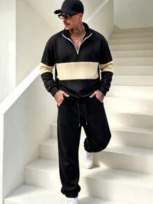 Men's Autumn/Winter Fashion Patchwork Zipper Sweatshirt And Casual Drawstring Sweatpants Set, Essential Daily Outfit Sweatshirt Set - Black - View 2